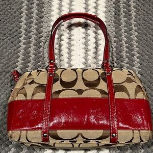 Coach Rowan style Classic Handbag- Tan and Brown Monogram Red Patent Leather